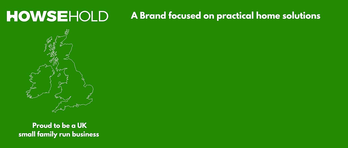 Text reads: 'HOWSEHOLD A Brand focused on practical home solutions' 'Proud to be a UK small family run business'. Green background with outline map of British Isles.