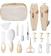 Baby grooming kit with white owl-shaped electric nail trimmer, various attachments, brush, comb, scissors, nasal aspirator, and mesh storage case. Set includes multiple tools for infant care and hygiene.