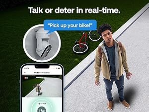 Text reads: 'Stop threats before they get close.' 'Who's there?' Security camera advertisement showing outdoor surveillance cameras with motion tracking lines