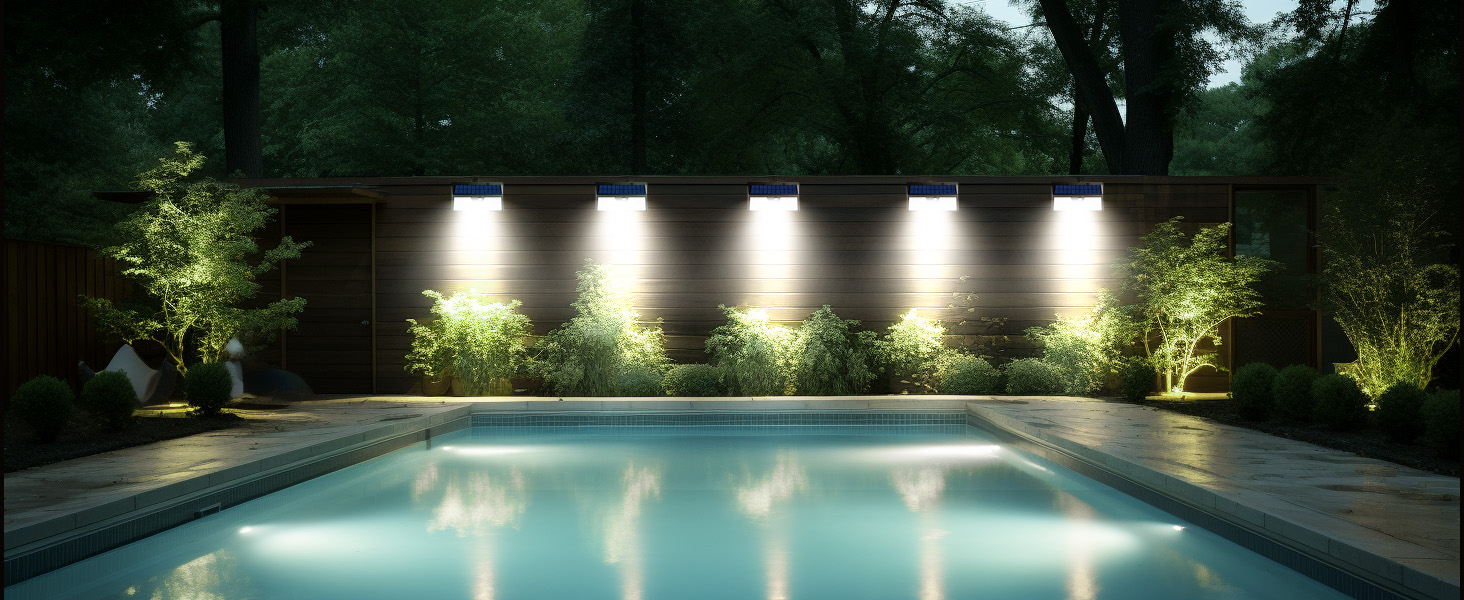 Illuminated outdoor swimming pool at night. Wall-mounted lights create a warm glow, highlighting landscaping. Calm water reflects surrounding lights and foliage.