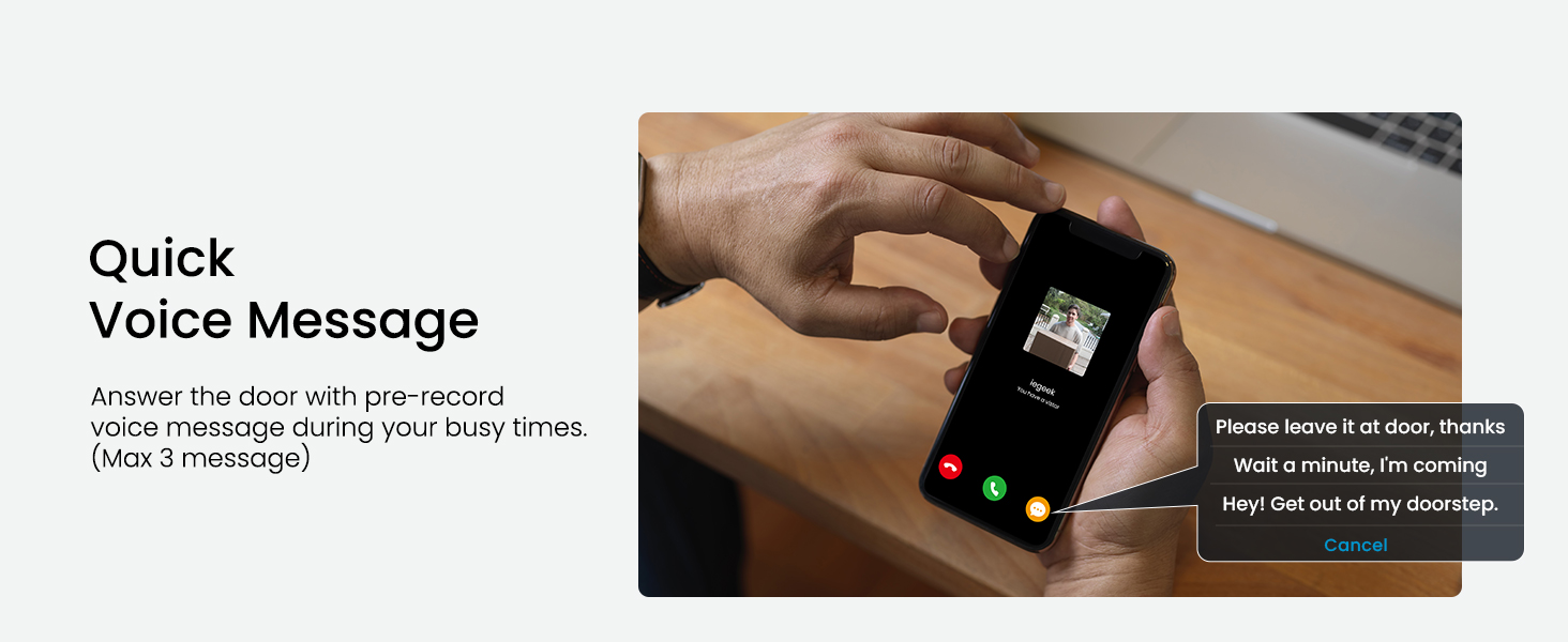 Text reads 'Quick', 'Voice Message'. Close-up product shots showing device interface with illuminated indicators.