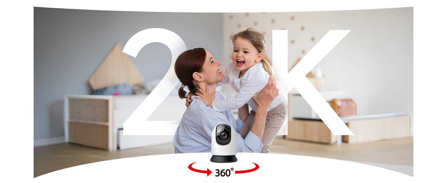 Smart home security camera display showing '2K 3MP' resolution specification, with multiple monitoring interface panels showing indoor surveillance views.
