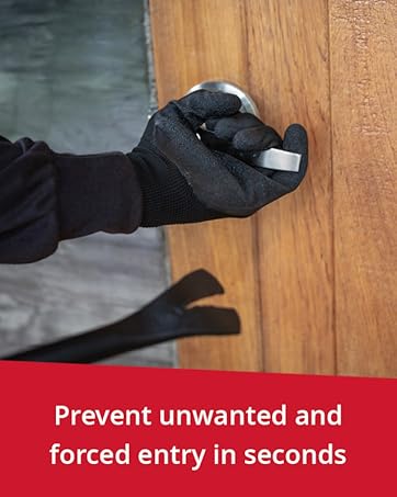 Red portable security lock clamp attached to a surface, featuring a metal base and adjustable locking mechanism with 5-star review rating shown below.