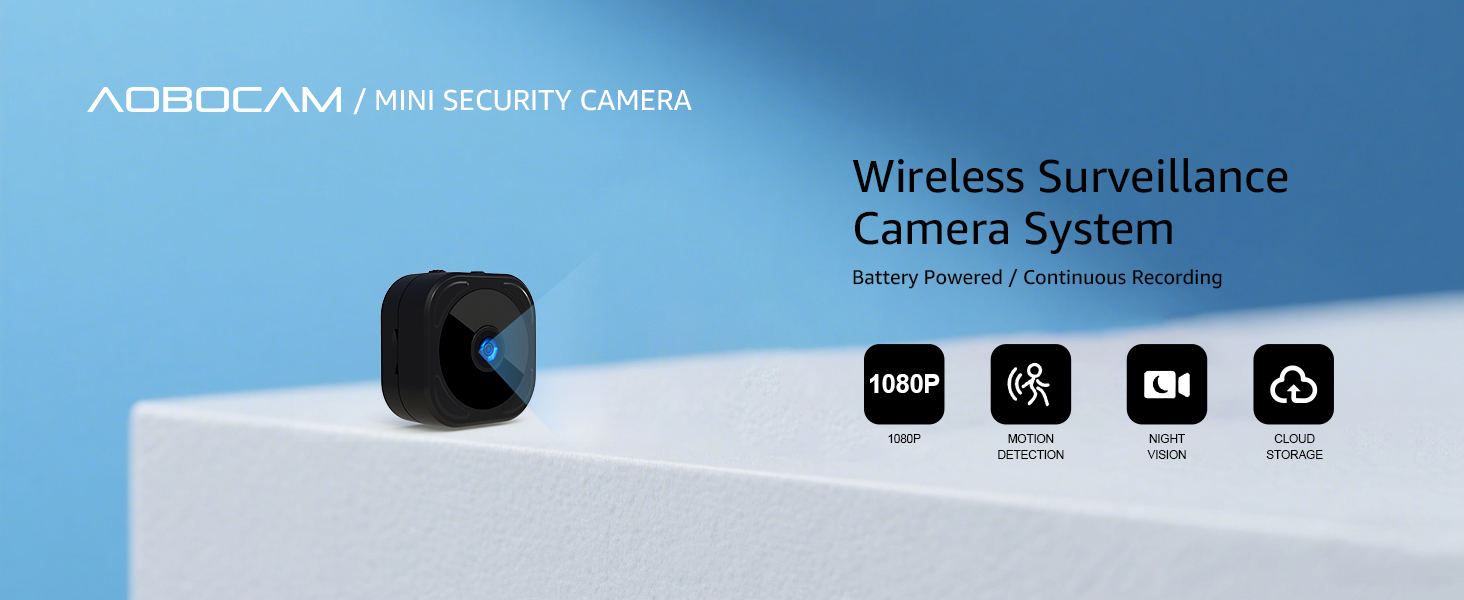 Text reads 'AGBUDAAA' and 'Wireless Surveillance Camera System'. Product interface display showing camera system features with icons for various functions.