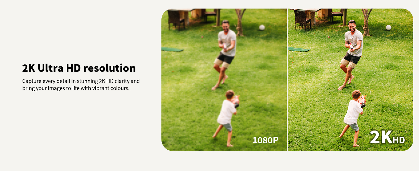 Text reads '2K Ultra HD resolution'. Side-by-side comparison images showing person outdoors, demonstrating video quality difference.