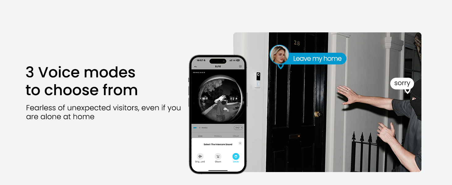 Text reads '3 Voice modes to choose from'. Mobile app interface showing dark-themed screen with device control options.