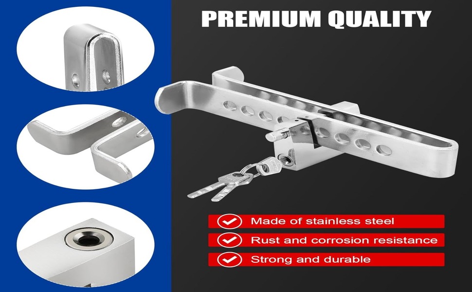 Text reads 'PREMIUM QUALITY'. Product diagram showing stainless steel door hinge components in three views with checkmark indicators below.