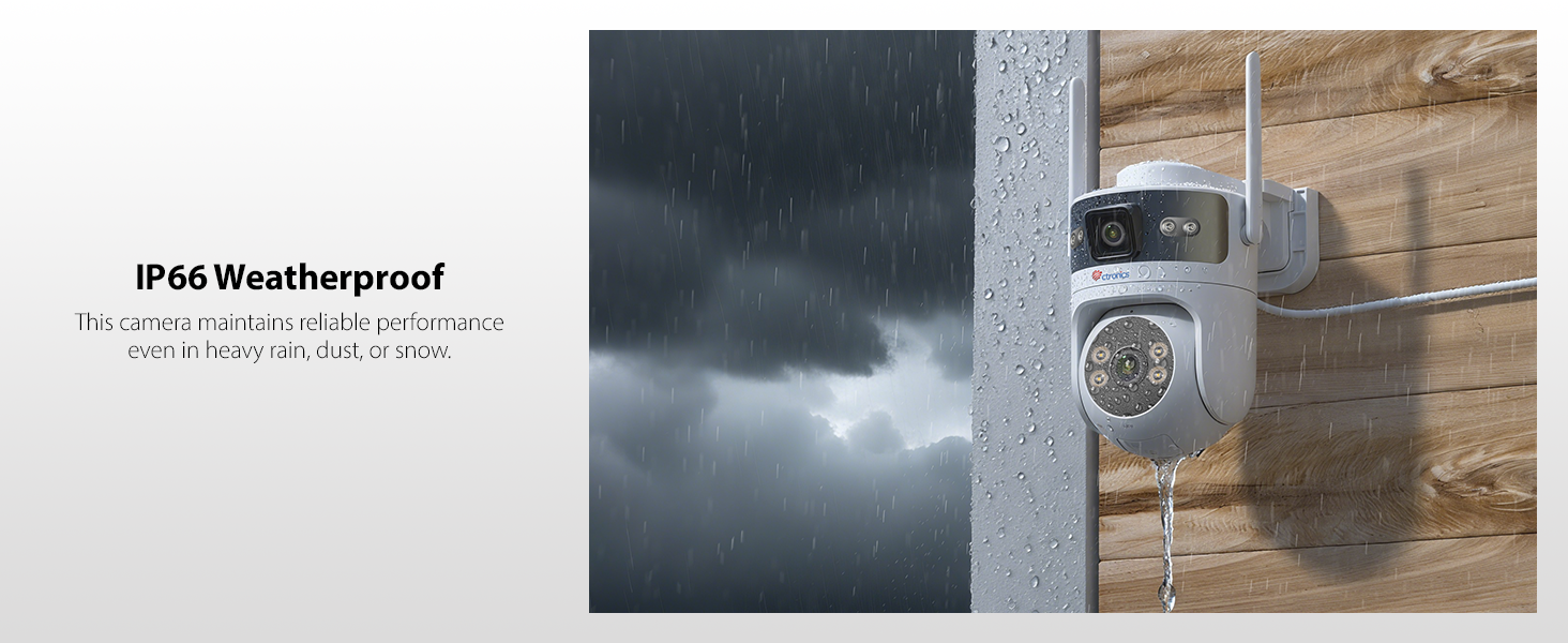 Text reads 'IP65 Waterproof'. Series of images showing weather resistance testing or demonstration in outdoor conditions.