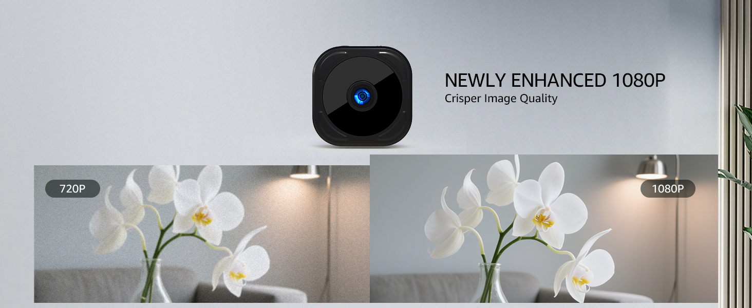 Text reads 'NEWLY ENHANCED 1080P'. White orchids displayed in modern interior setting with security camera mounted on wall.