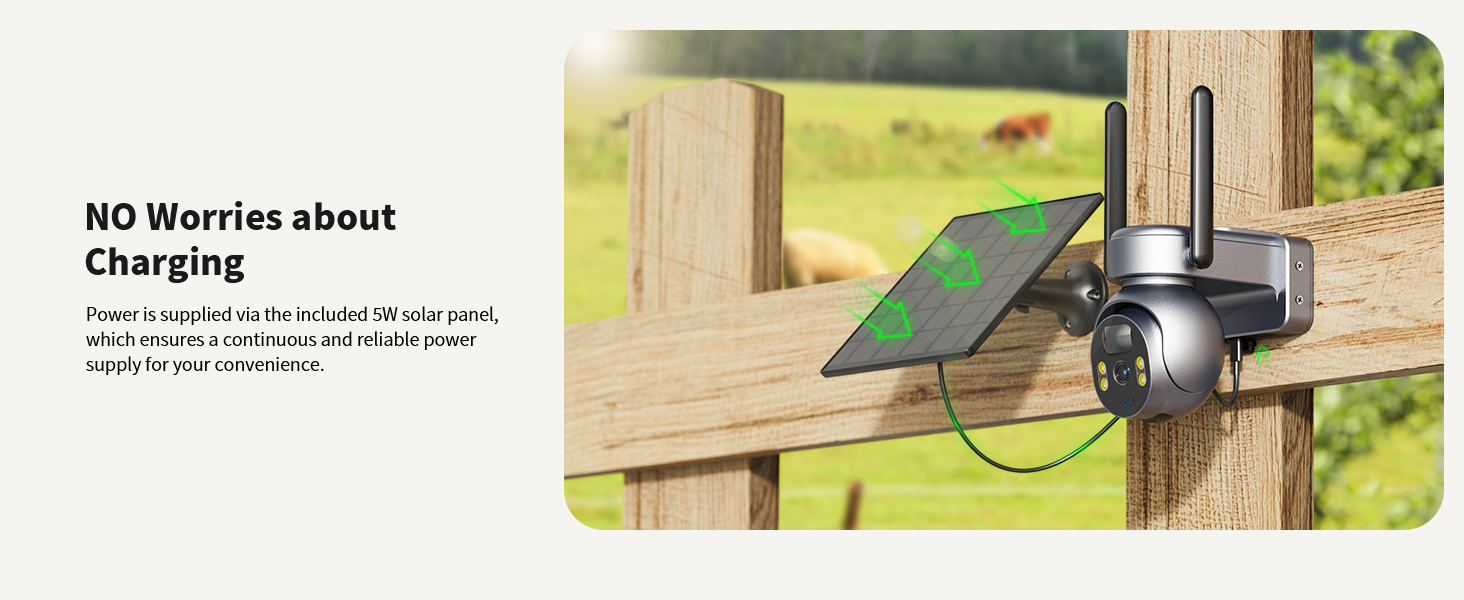 Text reads 'NO Worries about Charging'. Multiple panels showing solar-powered outdoor lighting product mounted on wooden posts.