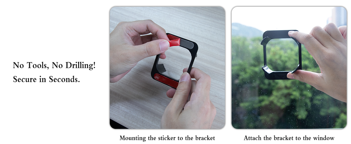 Text reads 'No Tools, No Drilling! Secure in Seconds.' Split image showing bracket installation process on shower head mount.