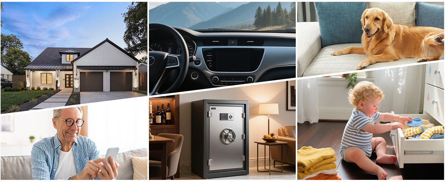 Composite image showcasing modern home exterior, car dashboard, golden retriever on couch, elderly man with smartphone, metal safe, and toddler near kitchen cabinets.