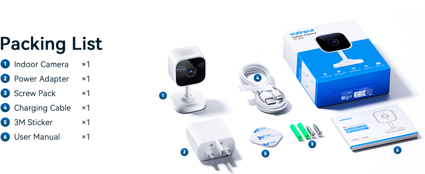 Product packing list showing components including charging cables, adapters, and other accessories with blue packaging box.