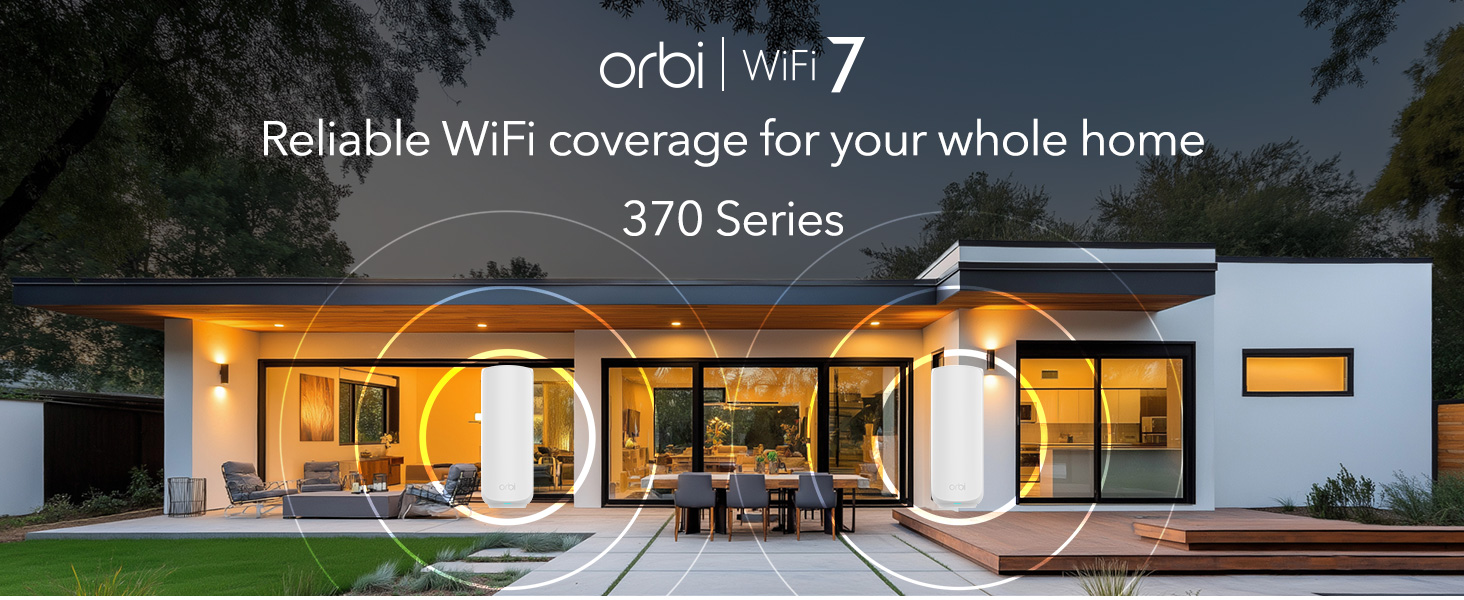 Text reads 'Reliable WiFi coverage for your whole home' and '370 Series'. Modern interior spaces shown with contemporary furnishings and lighting.