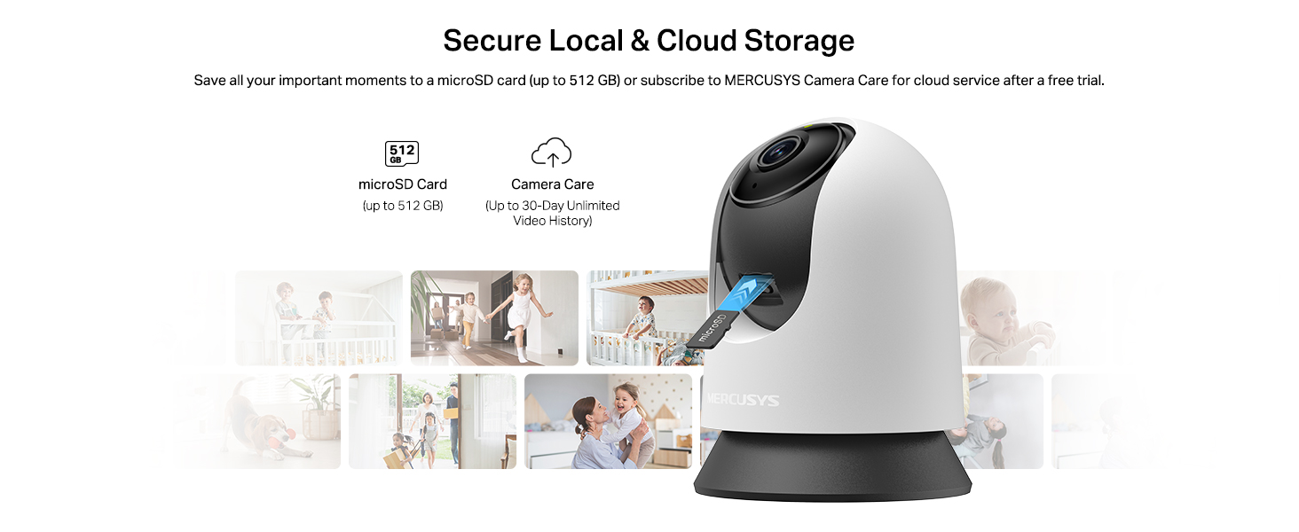 Text reads 'Secure Local & Cloud Storage'. White dome-shaped security camera shown with cloud storage icons and interface examples.