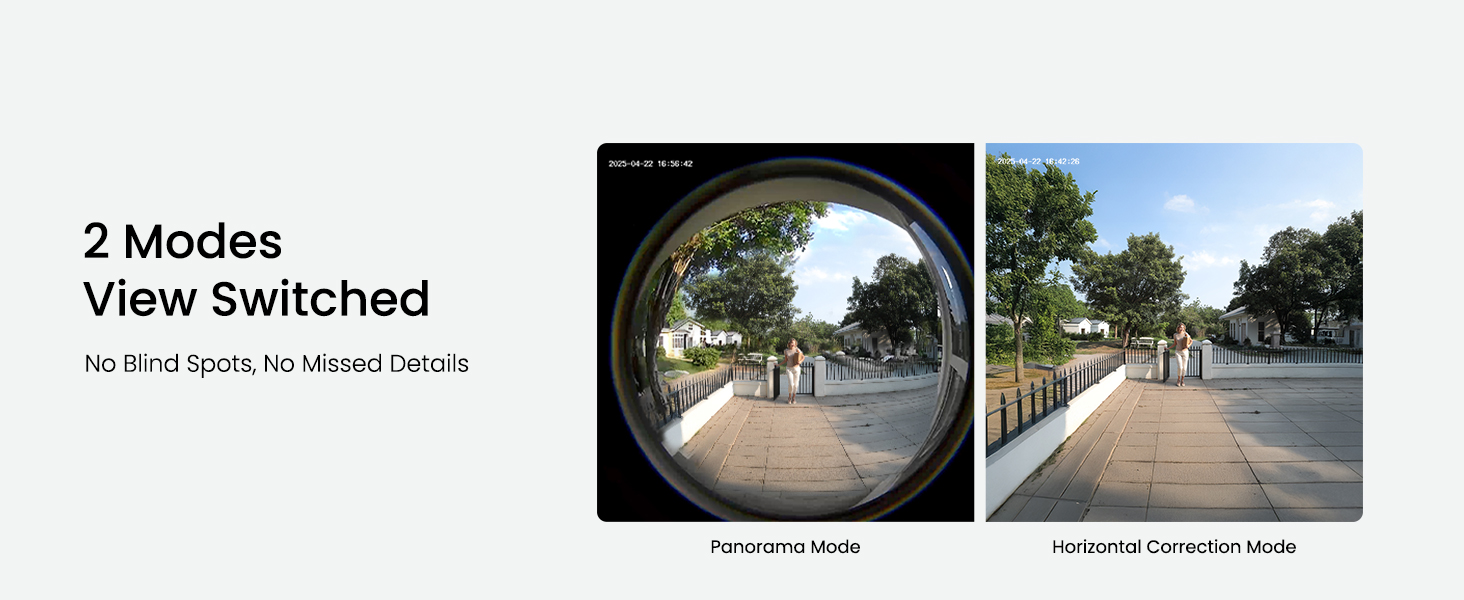 Text reads: '2 Modes View Switched'. Split image showing comparison between standard and wide-angle views of street with fence.