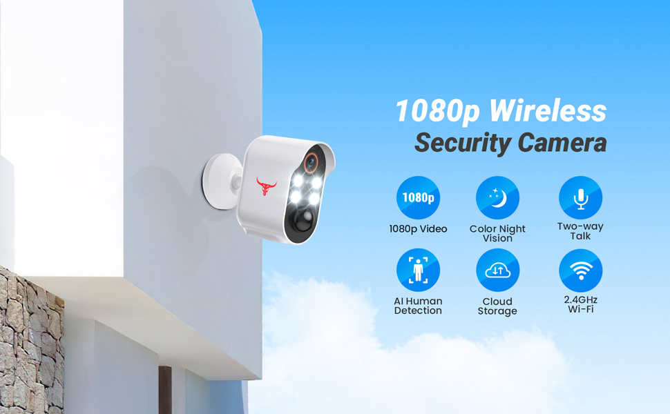 Text reads '1080p Wireless Security Camera'. Product image shows small white security camera mounted on wall with blue interface icons showing features.