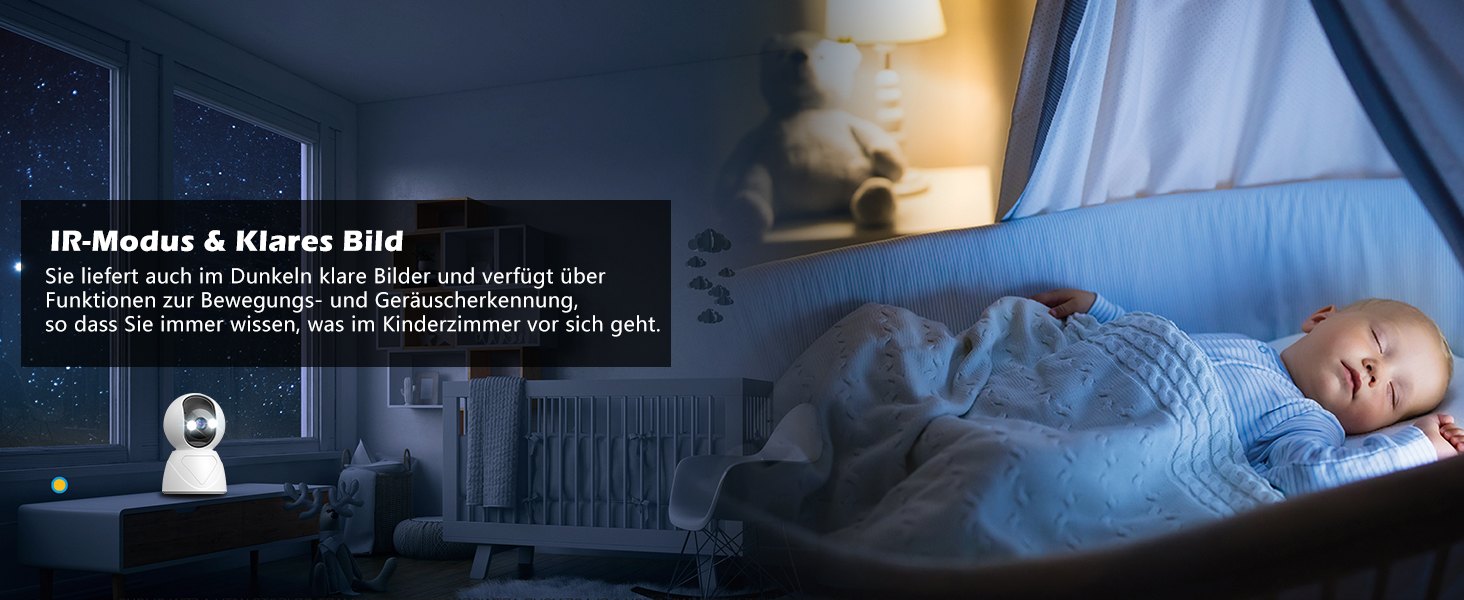 Split image showing a baby monitor's night vision and regular view. Left side displays a dark room with a white camera. Right side shows a sleeping baby in a blue blanket.