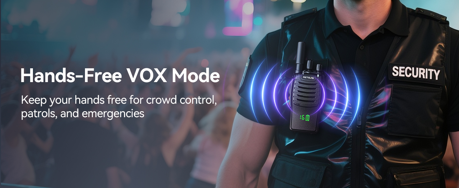 Security uniform with glowing blue wireless communication icon and text 'Hands-Free VOX Mode' demonstrating radio functionality.