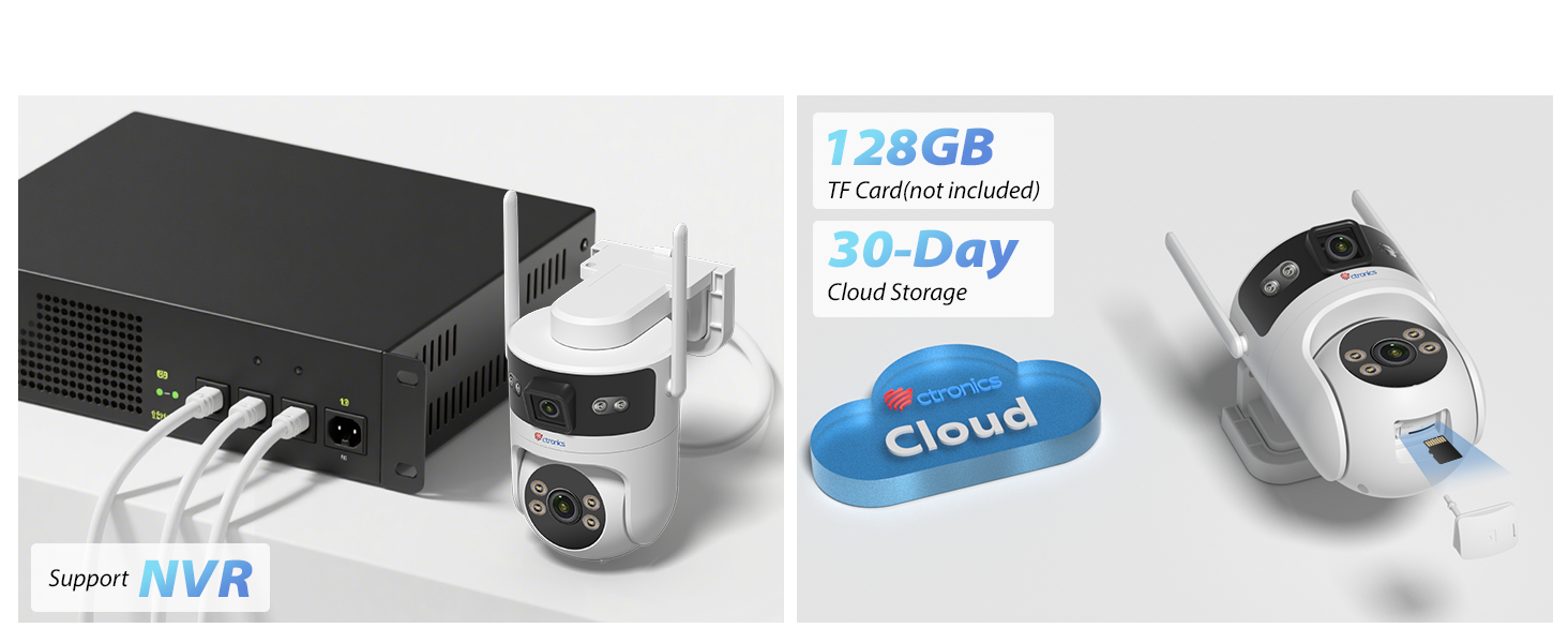Text includes '3D-Day', 'Cloud', 'NVR'. Technical product diagram showing security camera system components and connectivity illustrations.