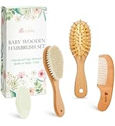 Collection of wooden hair brushes and combs with natural bamboo or wooden handles, shown with minimalist packaging featuring floral designs.