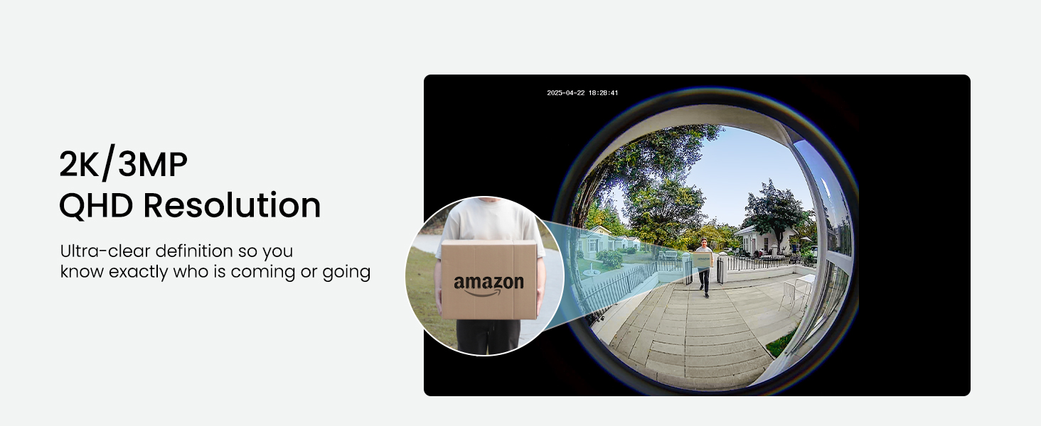 Text reads '2K/3MP QHD Resolution'. Split image showing camera view comparison with spherical lens perspective