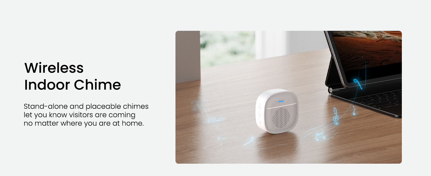 Text reads 'Wireless Indoor Chime'. Small white electronic device shown on wooden desk surface near laptop computer.