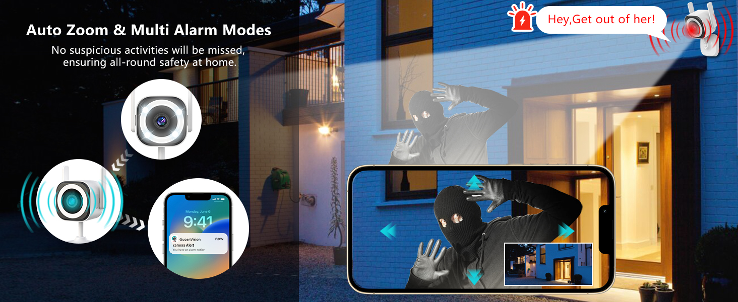 Text reads 'Auto Zoom & Multi Alarm Modes'. Interface showing smartphone screens with security camera features, including motion detection and zoom capabilities.