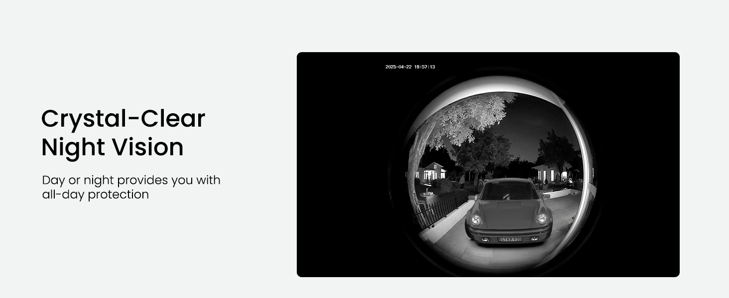 Text reads 'Crystal-Clear Night Vision'. Product marketing image showing surveillance or security camera lens with night vision capability demonstration.