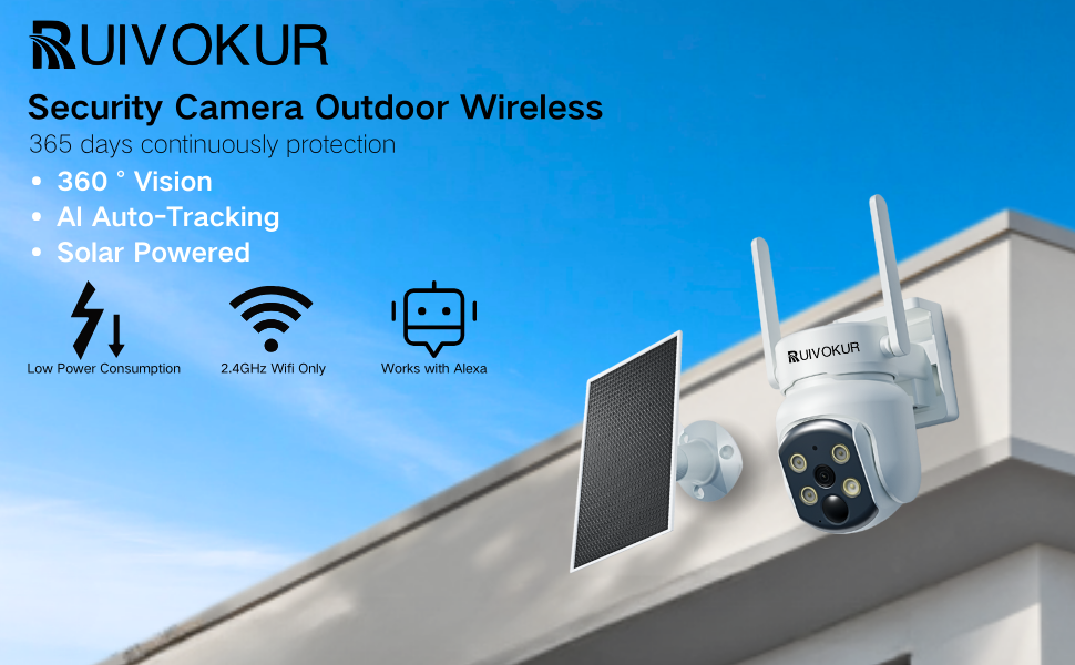 Text reads 'RUIVOKUR Security Camera Outdoor Wireless'. Product images showing white security camera mounted on exterior wall with WiFi and connectivity icons.
