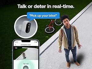 Text reads 'Talk or deter in real-time.' 'Pick up your bike!' Mobile app interface screenshots showing security camera views and alert notifications on smartphone screens.