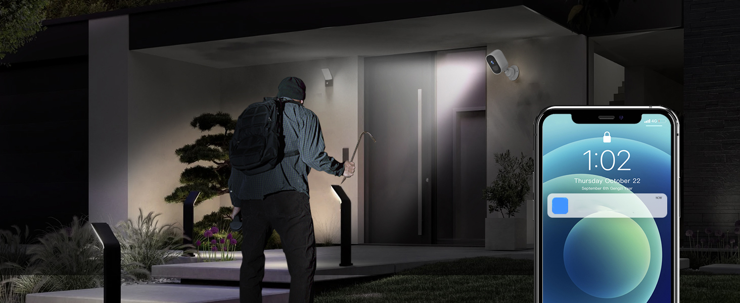 Nighttime security scene showing illuminated iPhone display reading '1:02' alongside dark outdoor environment.