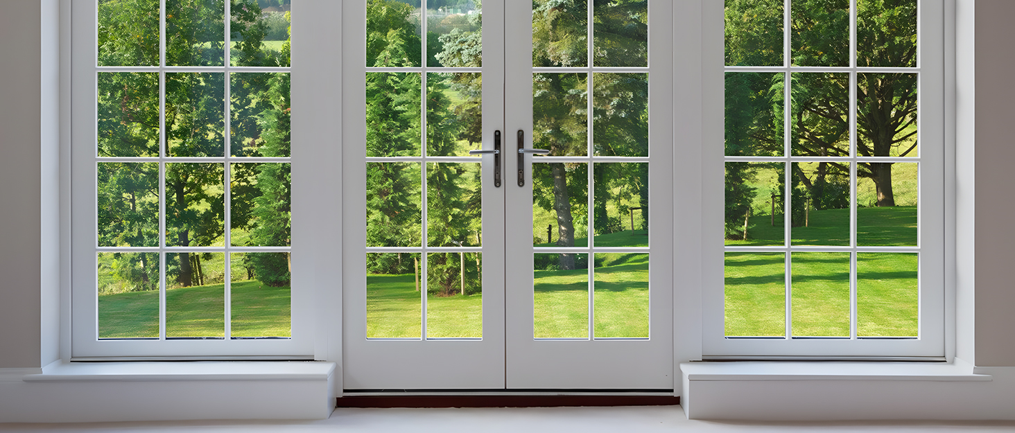 Large white French doors flanked by two windows, offering a view of a sunny garden with trees and grass outside.