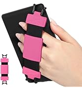 Tablet holder with mint green elastic strap and leather patches. Hand demonstrating secure grip on black tablet. Inset shows full strap design.