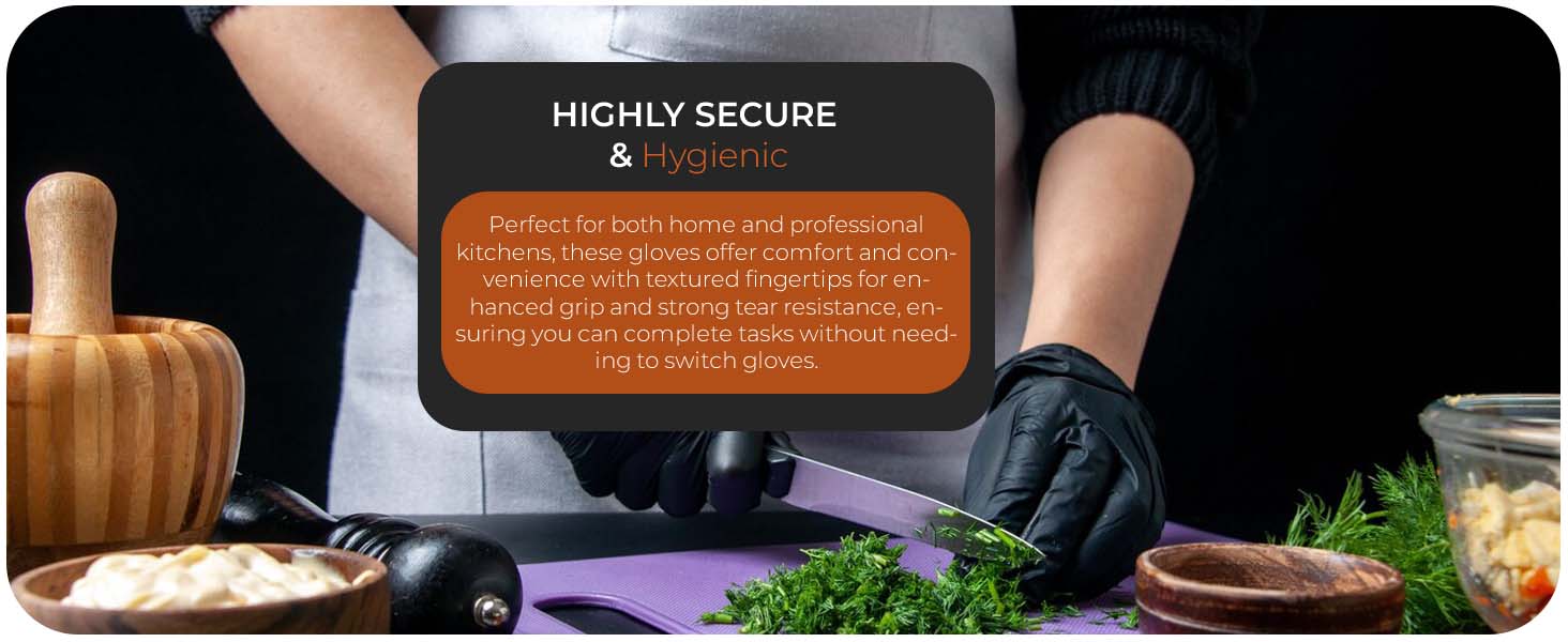 Hands in black gloves preparing food on a purple surface with various ingredients and utensils visible.