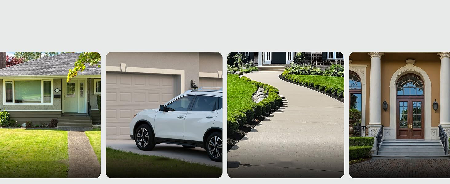 Series of exterior property photos showing driveway, garage, front entrance, and yard views of a residential home from multiple angles.