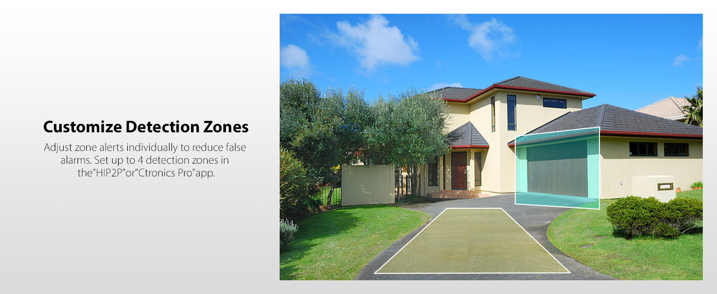 Text reads 'Customize Detection Zones'. Residential driveway and house exterior with blue sky, demonstrating security camera view perspective.