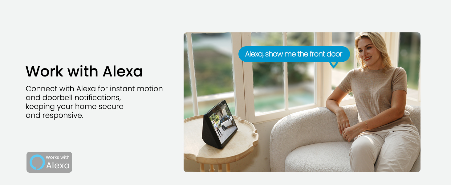Text reads 'Work with Alexa'. Product images showing smart home device integration, featuring device screens and interface demonstrations.