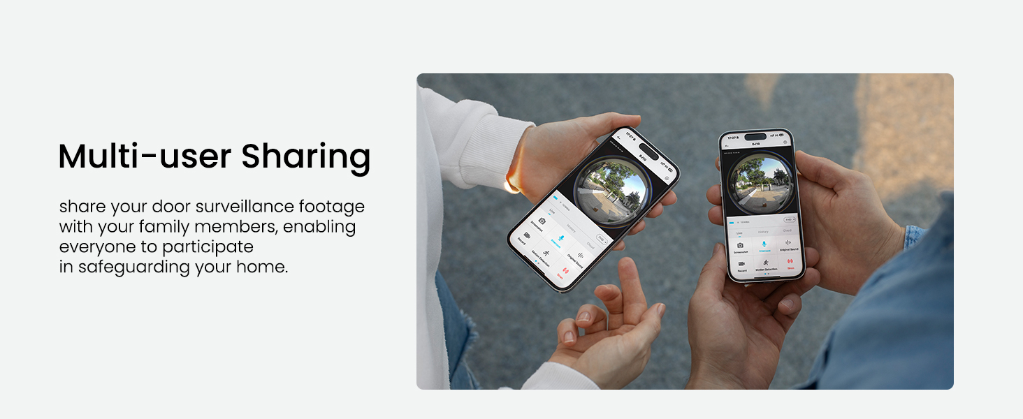 Text reads 'Multi-user Sharing'. Demonstration of phone case sharing feature with hands holding devices showing interface screens.