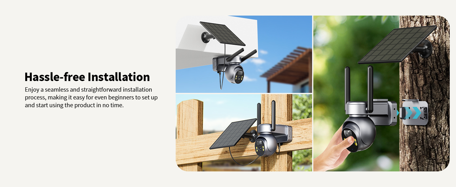 Text reads 'Hassle-free Installation'. Continuation of installation sequence showing security camera mounting process with close-up details of attachment methods.