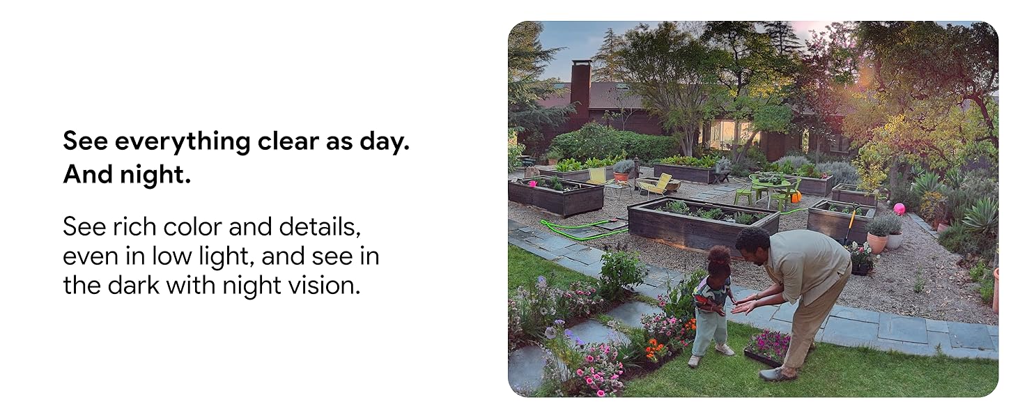Text reads 'See everything clear as day. And night.' Split image showing outdoor surveillance camera view in both daylight and nighttime conditions.