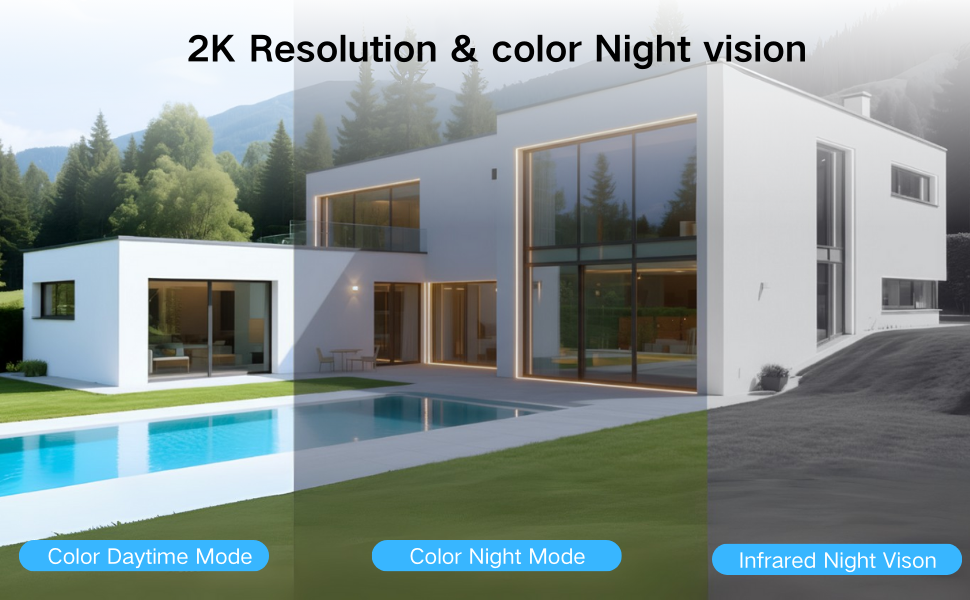Text reads '4X Digital zoom'. Panoramic view of luxury modern house with infinity pool overlooking mountain landscape, featuring mobile device camera interface overlay.