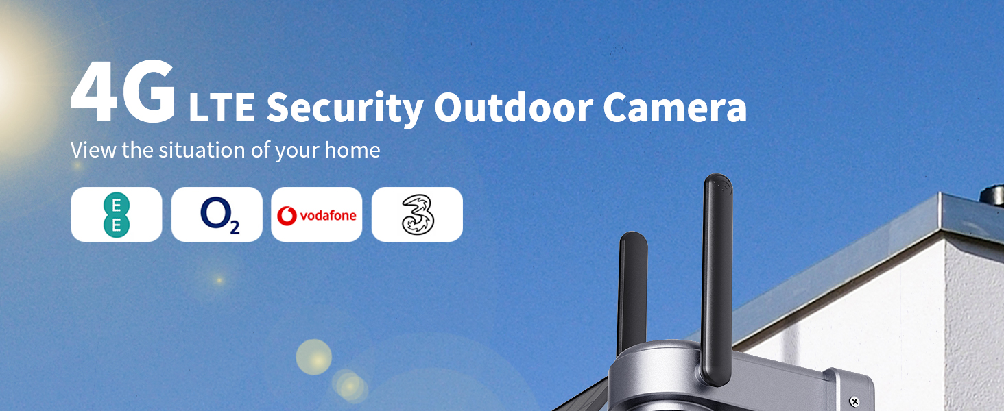 Text reads '4G LTE Security Outdoor Camera'. Another view of the same white security camera with dual antennas mounted on exterior wall.