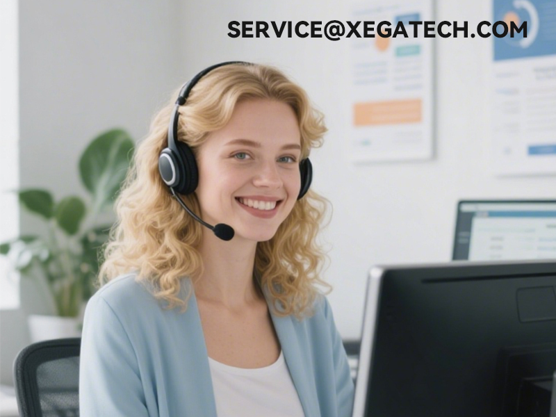 Text reads 'SERVICE@XEGATECH.COM'. Customer service representative wearing headset in bright office environment with plants in background.