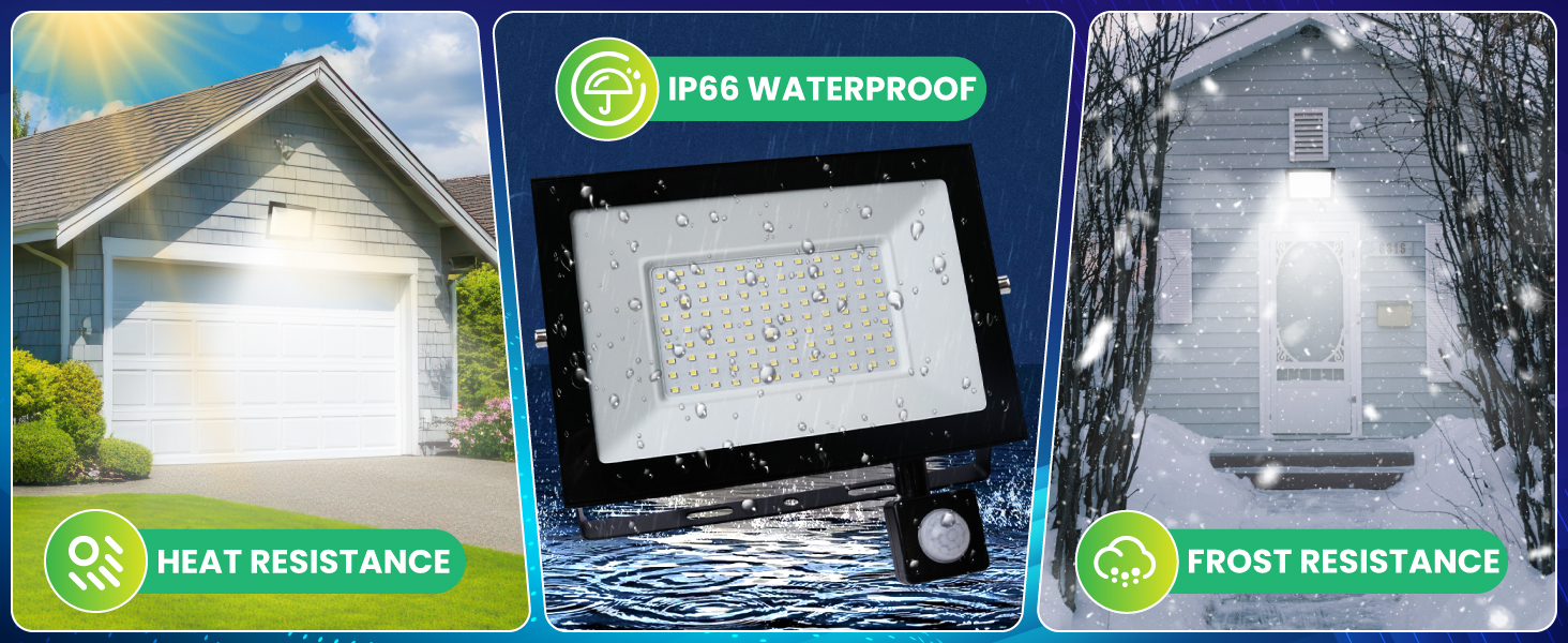 Product features display with icons reading 'IPX8 WATERPROOF', 'HEAT RESISTANCE', and 'FROST RESISTANCE' on blue-tinted technical background.