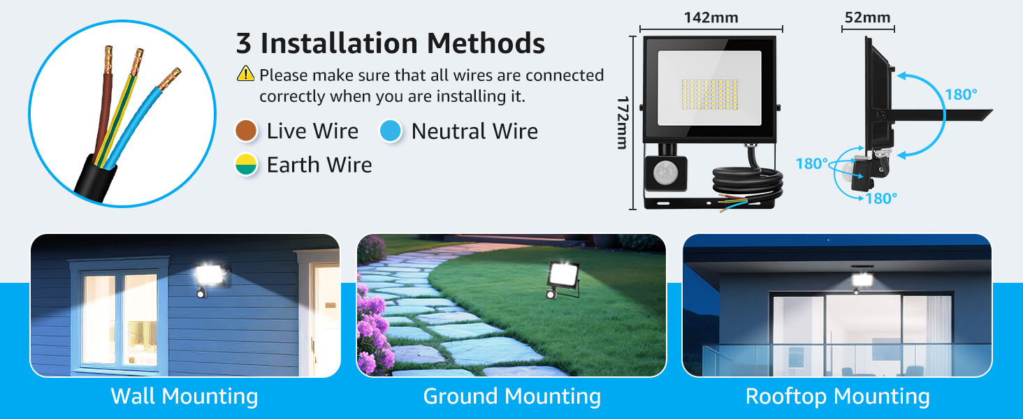 Installation guide showing 3 methods of wiring or connecting electronic components, with step-by-step diagrams and wire color coding.