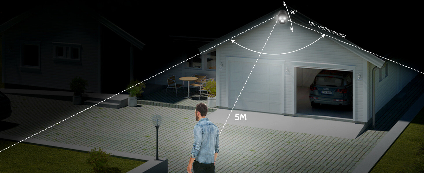 Close-up of a black, spherical security camera with three LED lights, mounted on a wall or ceiling against a blue background.