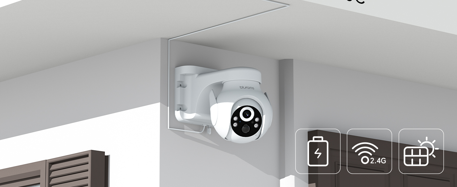 Ceiling-mounted security camera with three icon indicators showing wireless connectivity, card storage, and WiFi capabilities. White camera housing against grey ceiling.