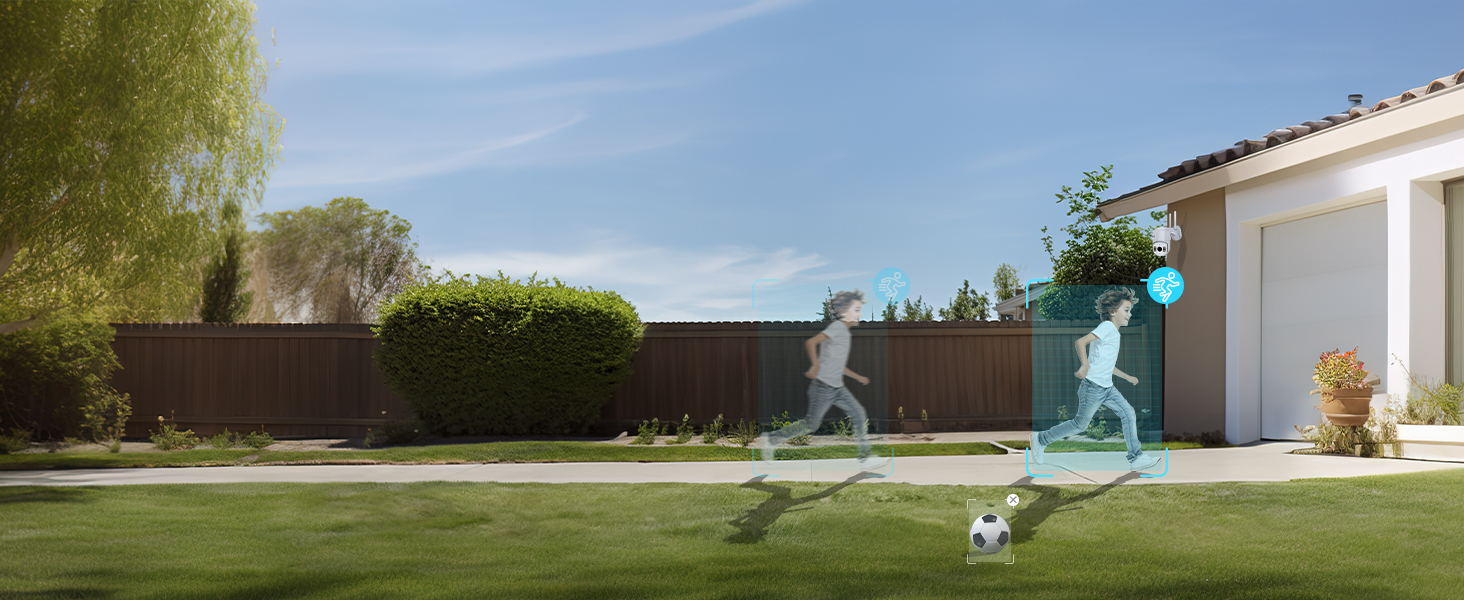 Backyard scene with two blue hologram-like figures jogging, and a small dog in the foreground near a garage and fence.
