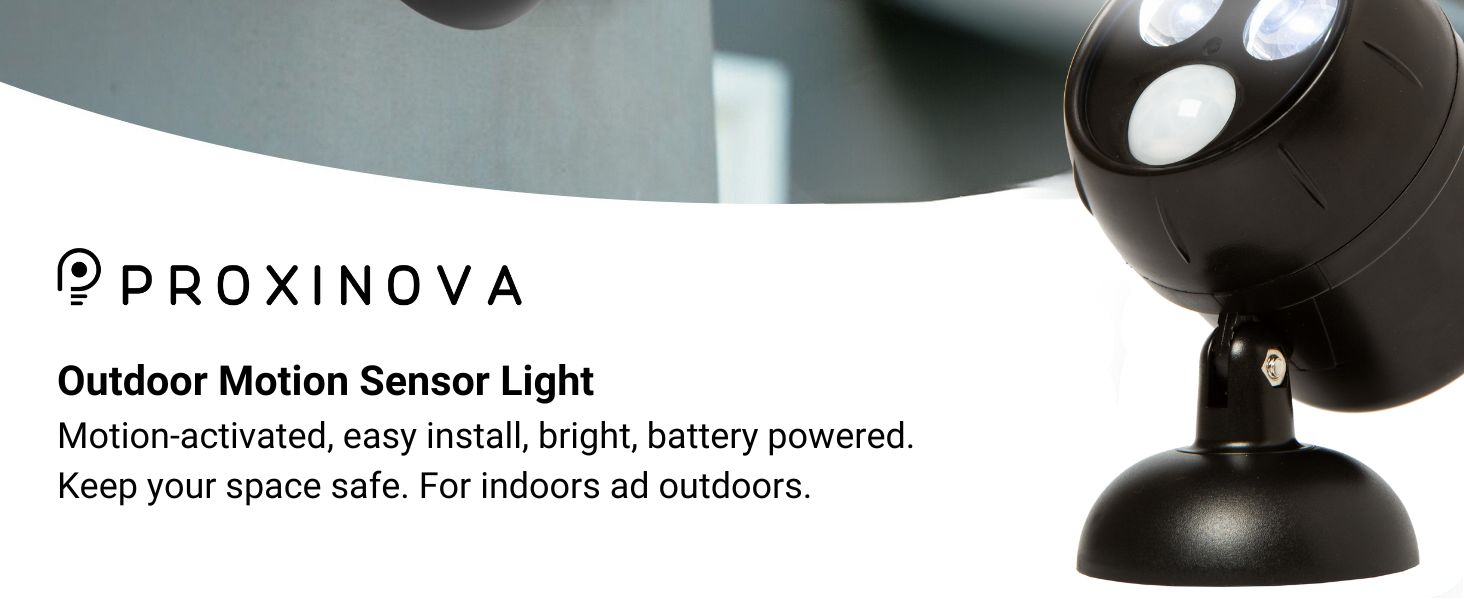 Proxinova Outdoor Motion Sensor Light. Black, spherical device with white sensors. Battery-powered, easy-install, for indoor and outdoor use.